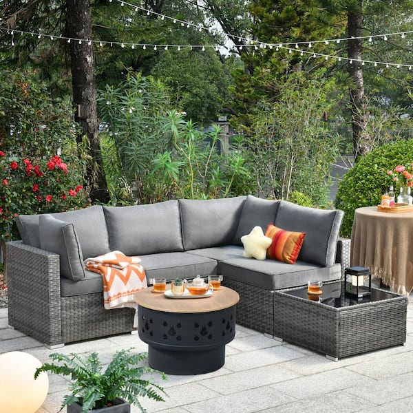 Toject Sanibel Gray 6-Piece Wicker Outdoor Patio Conversation Sofa Set with a Wood-Burning Fire Pit and Dark Gray Cushions