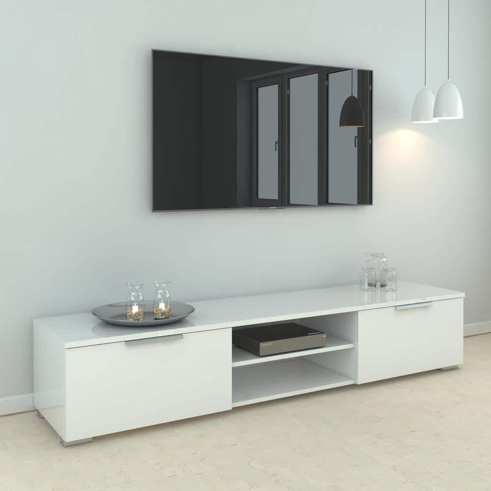 White Gloss Engineered Wood TV Stand with Cabinet and Shelves