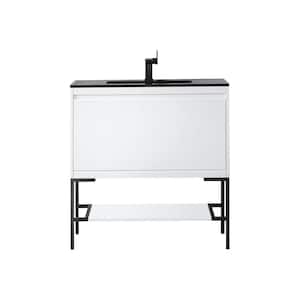 Milan 35.4 in. W x 18.1 in. D x 36 in. H Bathroom Vanity in Glossy White with Charcoal Black Composite Top