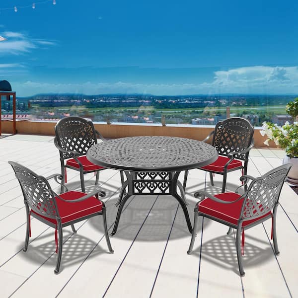 Willit Isabella Black 5-Piece Cast Aluminum Outdoor Dining Set with Round Table and Dining Chairs with Random Color Cushion