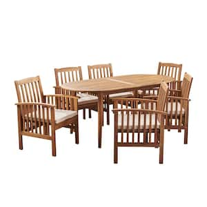 Casa Acacia Teak Brown 7-Piece Acacia Wood Oval Table with Straight Legs Outdoor Patio Dining Set with Cream Cushions