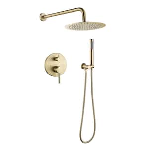 BIN Single Handle 2-Spray 10 in. Round Wall Mounted Shower Faucet in Brushed Gold (Valve Included)