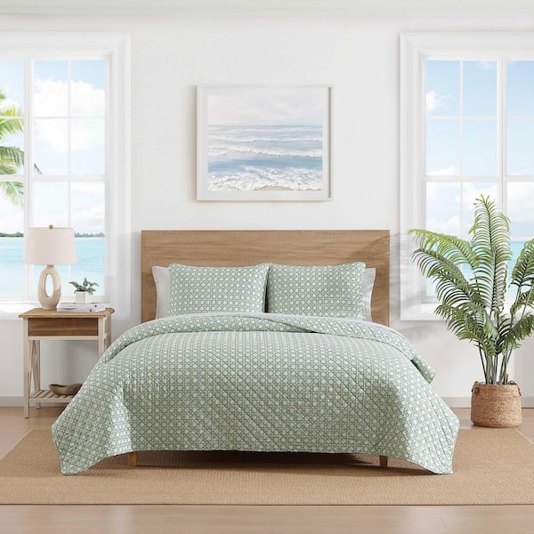 Bahama Diamond Isle 3 Piece Green/White Cotton Full/Queen Quilt Set