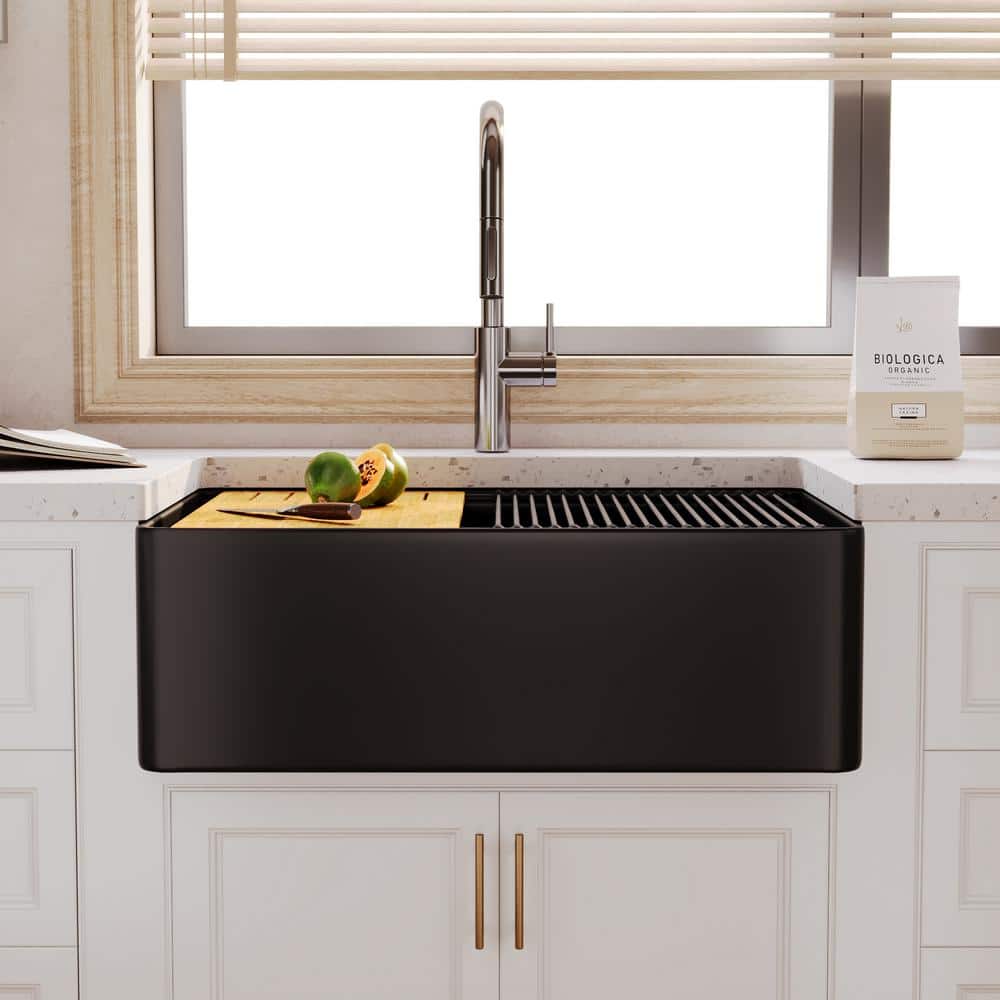 Matte Black Fireclay Single Bowl Farmhouse Kitchen Sink with Accessories