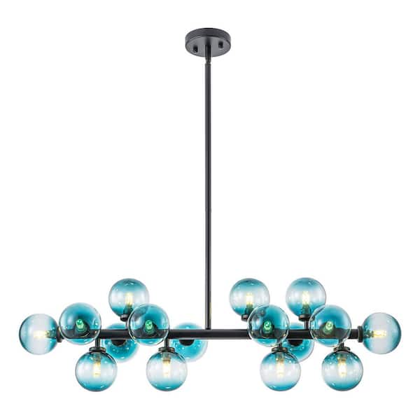 RRTYO Bartlett 16-Light Black Modern Linear Cluster Gradient Blue Glass Globe Bubble Chandelier
