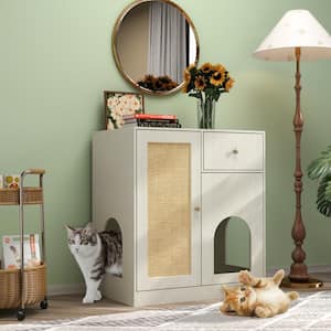 Wooden Hidden Cat Washroom with Sisal Door And 3 Cat Holes, Large Litter Box Enclosure Storage Cabinet with Drawers,Gray