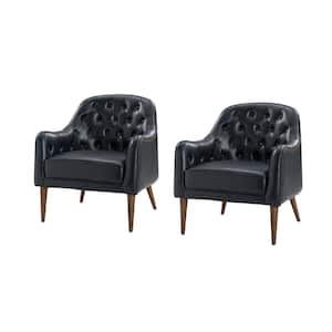 Clara 28.5 in. Wide Classic Style Navy Genuine Leather Barrel Chair with Tufted Back and Solid Wood Legs Set of 2