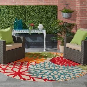Aloha Green 8 ft. x 8 ft. Floral Modern Indoor/Outdoor Round Area Rug