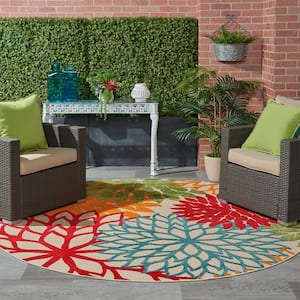 Aloha Green 8 ft. x 8 ft. Round Floral Modern Indoor/Outdoor Patio Area Rug