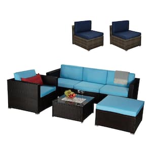 Brown 8-Piece Wicker Patio Conversation Set with Blue Cushions