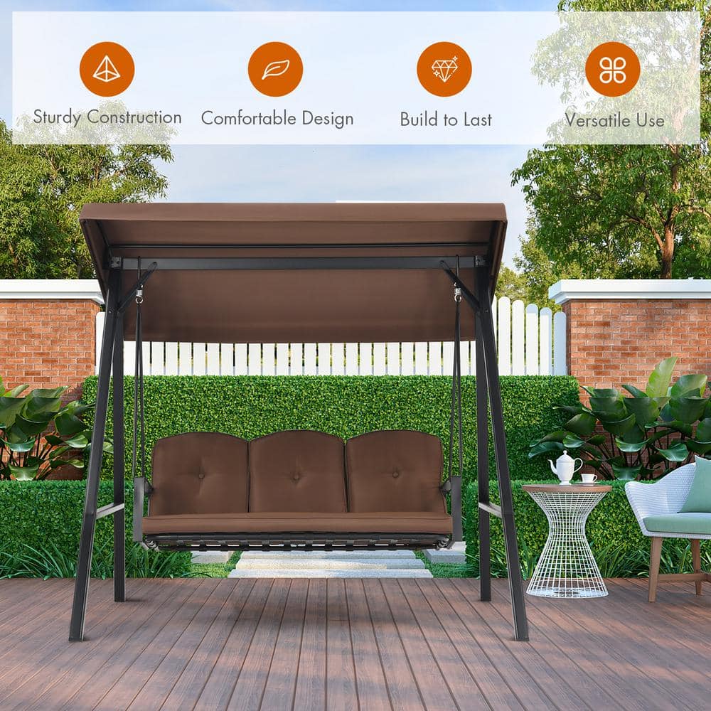 Brown Steel 3-Person Outdoor Swing with Adjustable Canopy