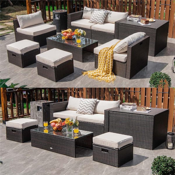 8-Piece Patio Rattan Furniture Set Space-Saving Storage Cushion Off White Cover