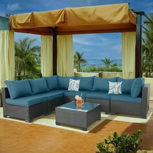 7-Piece Wicker Outdoor Patio Conversation Furniture Seating Set with Peacock Blue Cushions and Pillow