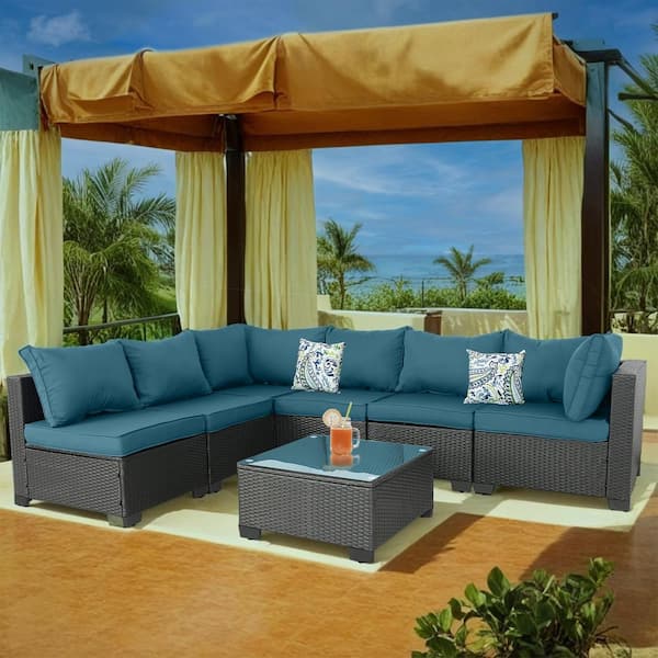 fiziti 7-Piece Wicker Outdoor Patio Conversation Furniture Seating Set with Peacock Blue Cushions and Pillow