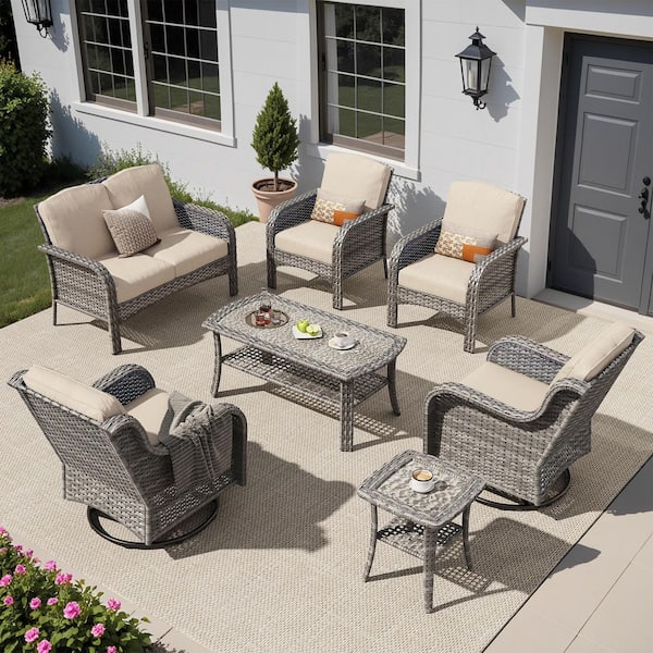 OVIOS Mejy Gray 7-Piece Wicker Patio Conversation Set with Beige Cushions and Swivel Chairs