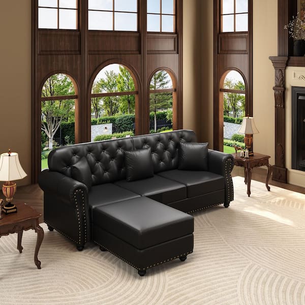 Polibi 82.6 in. Rolled Arm Faux Leather Sofa in Black with