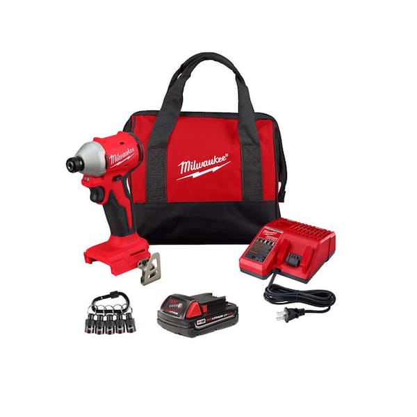 M18 18V Compact Brushless 1/4 in. Impact Driver Kit w/ 2. 0Ah Battery, Charger, Bag with 5-Pc Carabiner Hex Holder