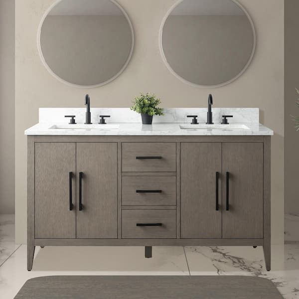 60 in. W x 22 in. D x 34 in. H Double-Sink Bath Vanity in Driftwood Gray with Engineered Marble Top in Arabescato White