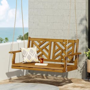 Outdoor 2-Person Brown Acacia Wood Porch Swing with Chains for Patio, Backyard