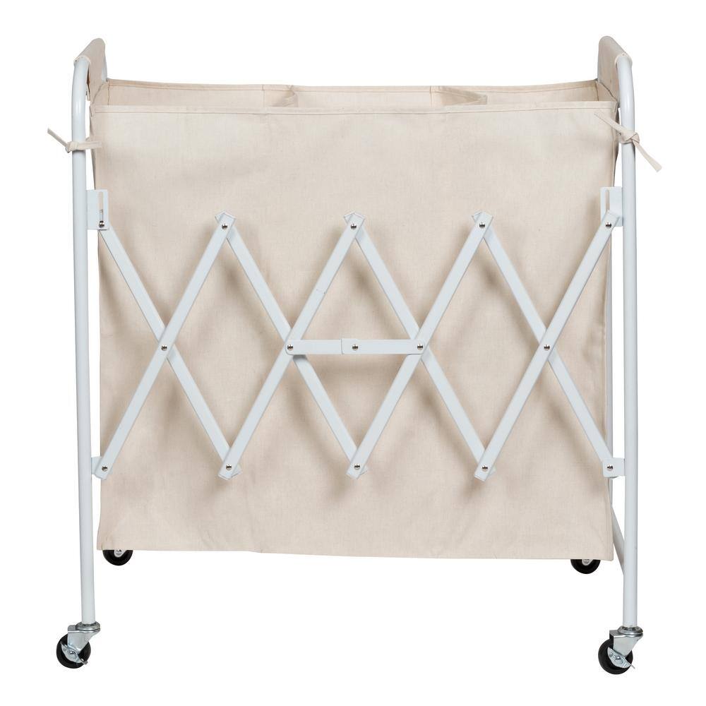 White Canvas Collapsible Triple Laundry Sorter with Wheels