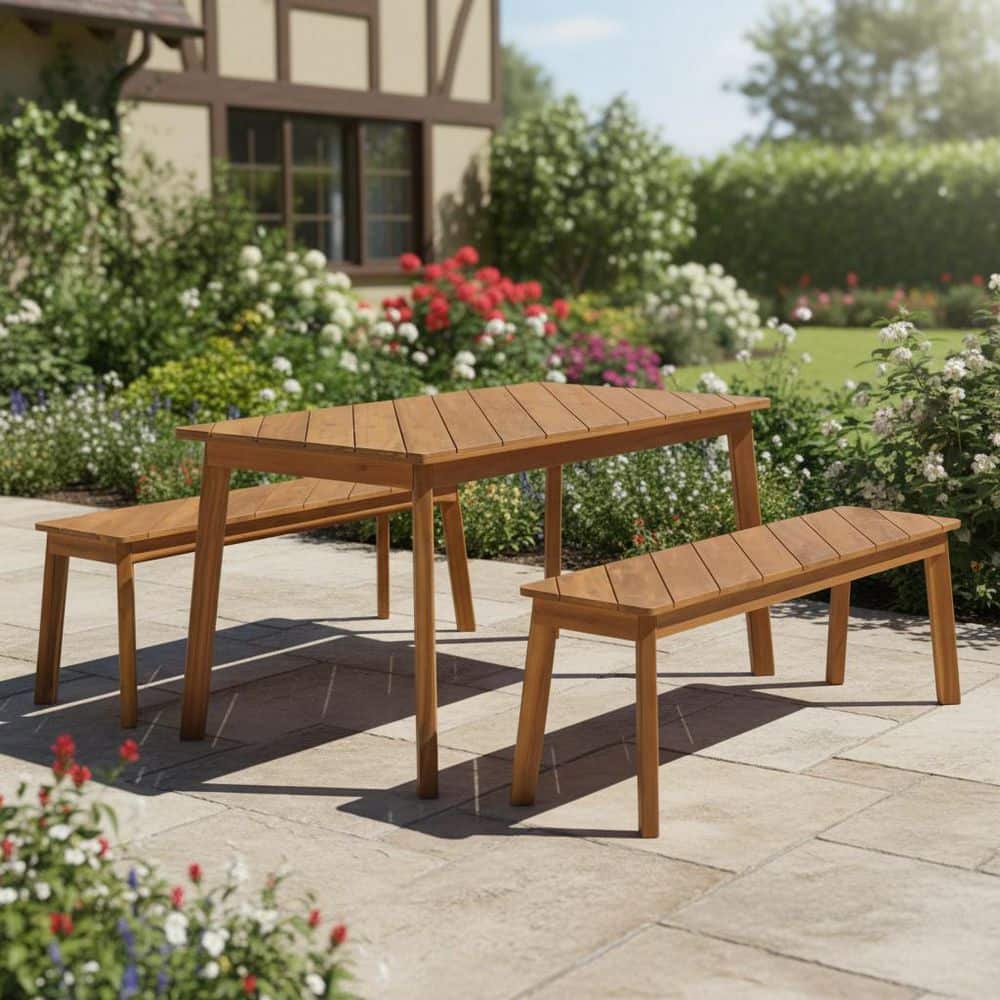3-Piece Wood Outdoor Dining Set Picnic Beer Table for Porch HG-966