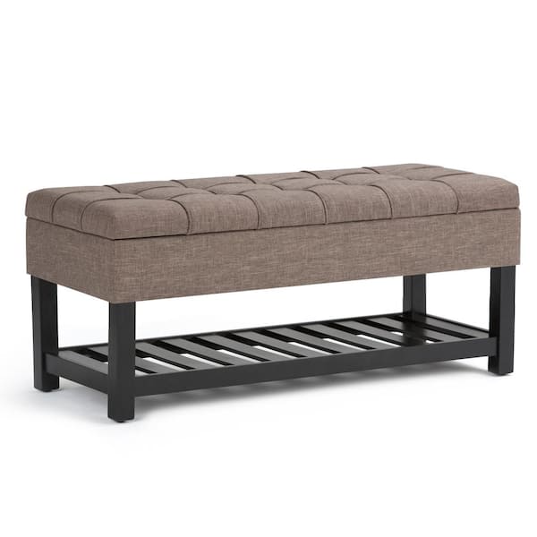 Simpli Home Saxon 44 in. Wide Transitional Rectangle Storage Ottoman Bench in Fawn Brown Linen Look Fabric