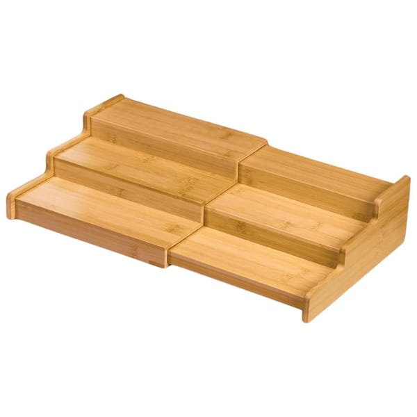 3 Tier Expandable Bamboo Spice Rack Organizer for Kitchen Cabinet Cupboard Pantry with Stepped Design & Adjustable Width