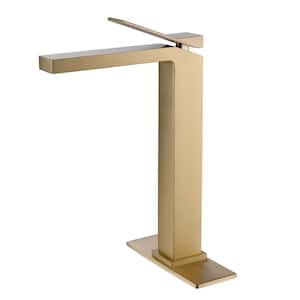 Single Handle Bathroom Vessel Sink Faucet, Deckplate Modern Single Hole Brass High Tall Bathroom Tap in Brushed Gold