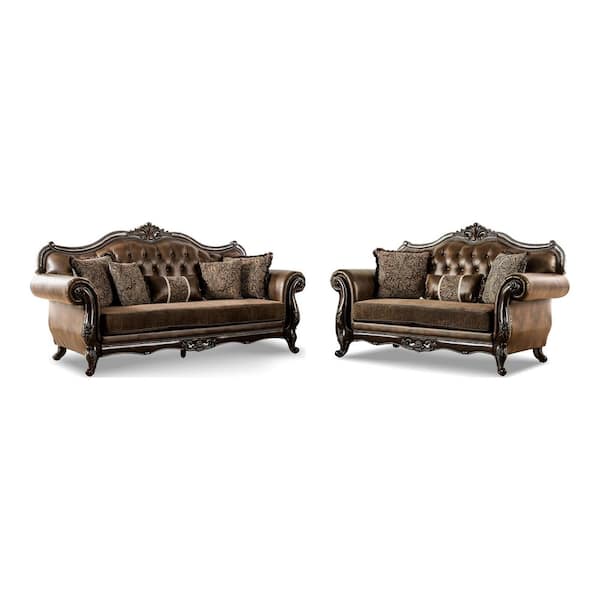 Grant 2-Piece Dark Cherry and Brown Faux Leather Living Room Set with Rolled Arm and Tufted Back