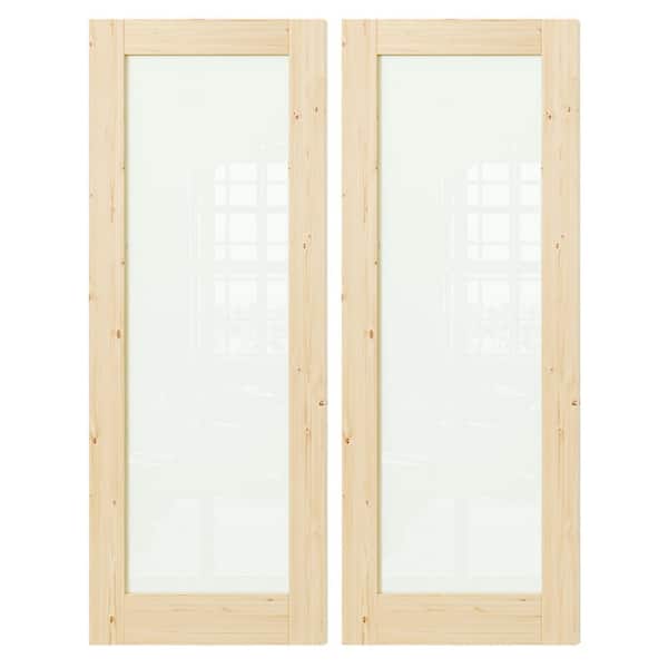 60 in. x 80 in. Pine Wood Color, No Bore, Full Lite, Frosted Glass Light Brown Finished MDF Wood Interior Door Slab