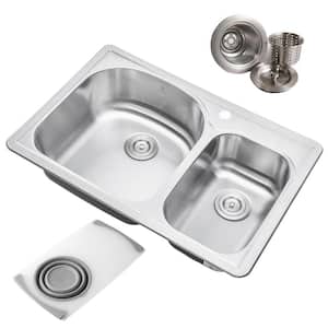 Topmount Drop-In 18G Stainless Steel 33 in. 1-Faucet Hole 70/30 Double Bowl Kitchen Sink with Colander and Strainer