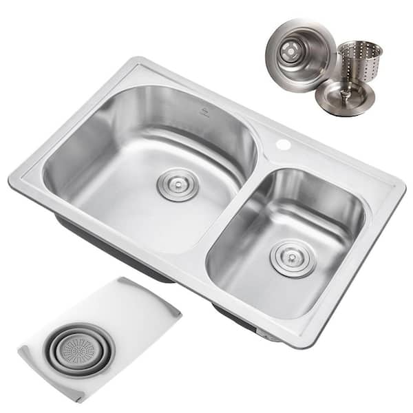 eModernDecor Topmount Drop-In 18G Stainless Steel 33 in. 1-Faucet Hole 70/30 Double Bowl Kitchen Sink with Colander and Strainer
