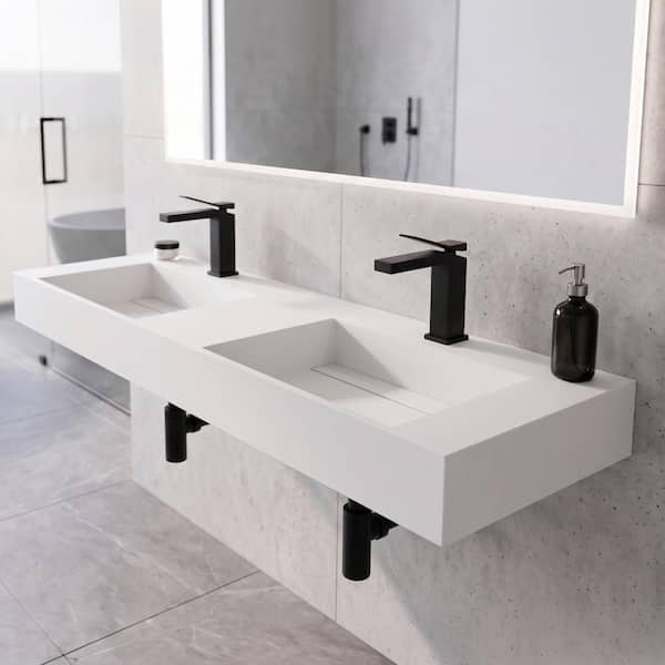 Juniper 60 in. Wall Mount Solid Surface Double-Basin Rectangle Bathroom Sink in Matte White