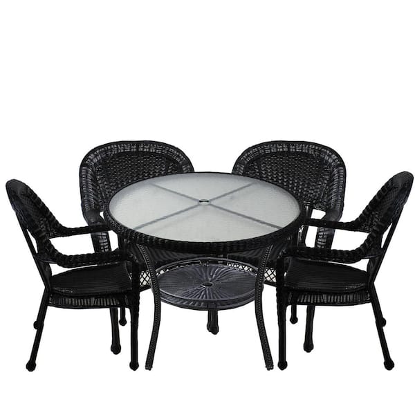 LB International 5-Piece Black Resin Wicker Patio Dining Set Table and 4 Chairs