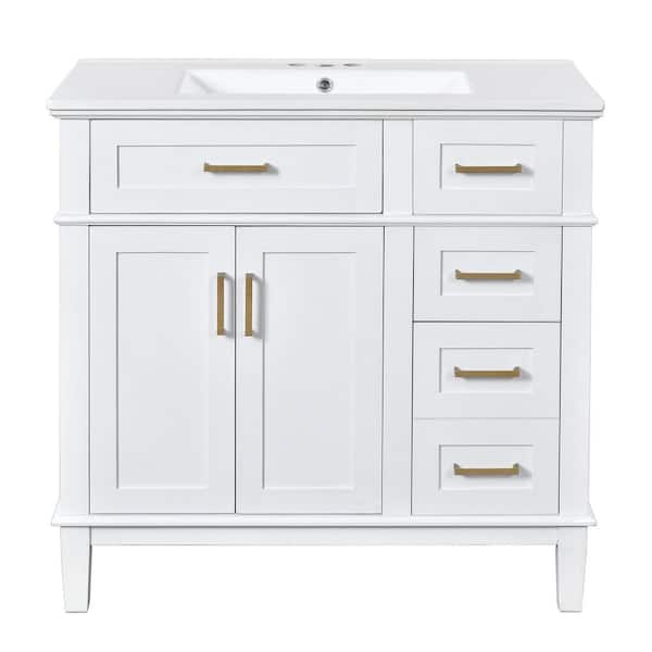 36 in. White Bath Vanity with Ceramic Top Sink 4 Drawers and Soft Close Doors