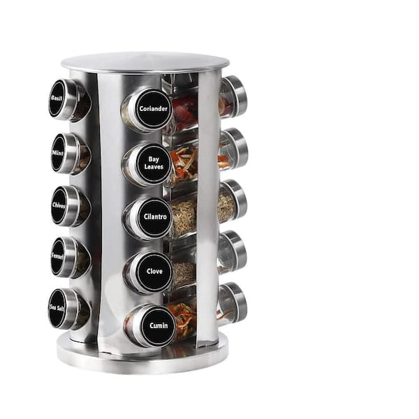 2 Shelf Stainless Steel Rotating Kitchen Countertop Spice Rack Organizer with 20 Glass Jars and Labels