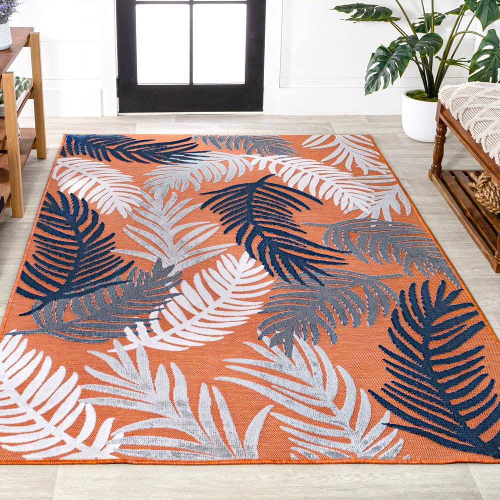 Montego Tropical Palm Orange Navy Ivory 3' x 5' Synthetic Area Rug