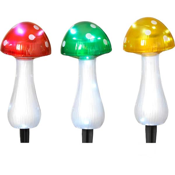 (Set of 3) Outdoor Multi-Colored Solar Lighted 12.2 in. Mushroom Garden Stakes