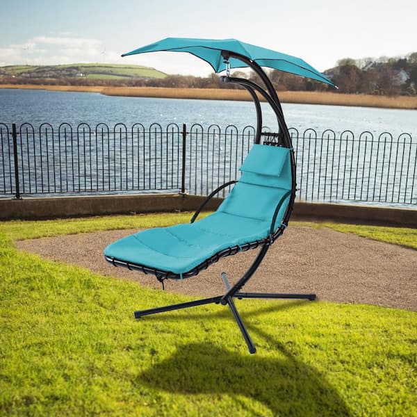 Zeus & Ruta Arc Stand Outdoor Metal Porch Swing Chair, Hanging Chaise Lounger Chair with Canopy & Cushion & Built-in Pillow(Blue)