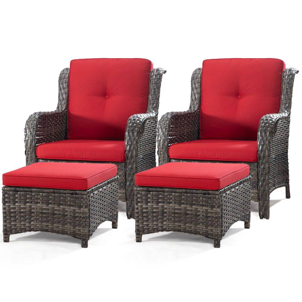 4-Piece Brown Swivel Wicker Outdoor Lounge Chair Set Outdoor Chat Set with Ottomans and Red Cushions price history on PriceWatchPro