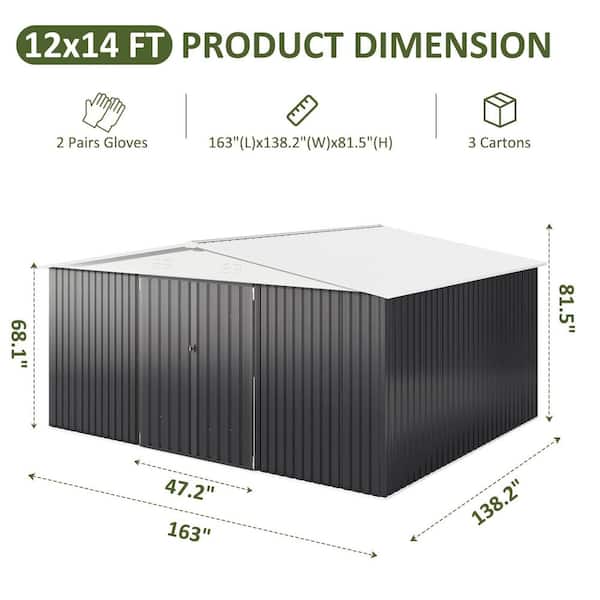 NETAJE 14 ft. W x 12 ft. D White Roof Metal Storage Shed with