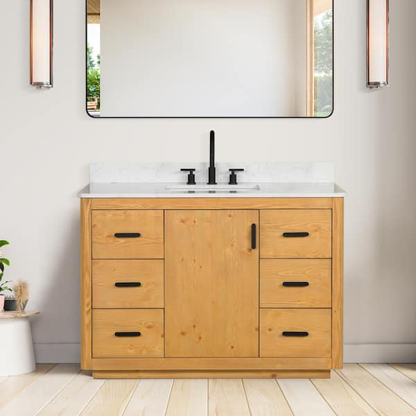 Altair Perla 48 in. W x 22 in. D x 34 in. H Single Sink Bath Vanity in Natural Wood with Grain White Composite Stone Top