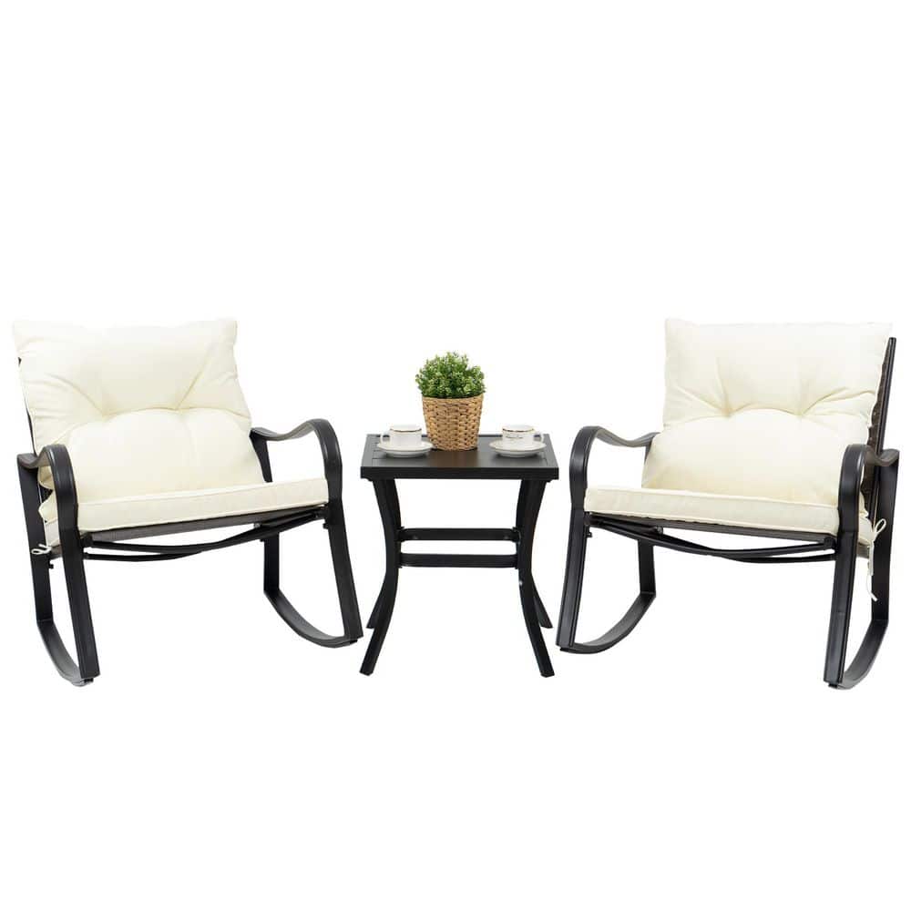 Black Metal and White Cushion 3-Piece Outdoor Rocking Chair Set