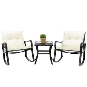 3-Piece Metal Outdoor Bistro Set Rocking Chairs with White Cushions