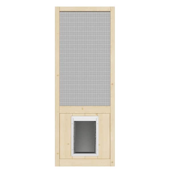 ARK DESIGN 30 in. x 80 in. Single Universal Paneled Unfinished Pine Wood and Gauze Mesh Hinged Screen Door with Pet Door