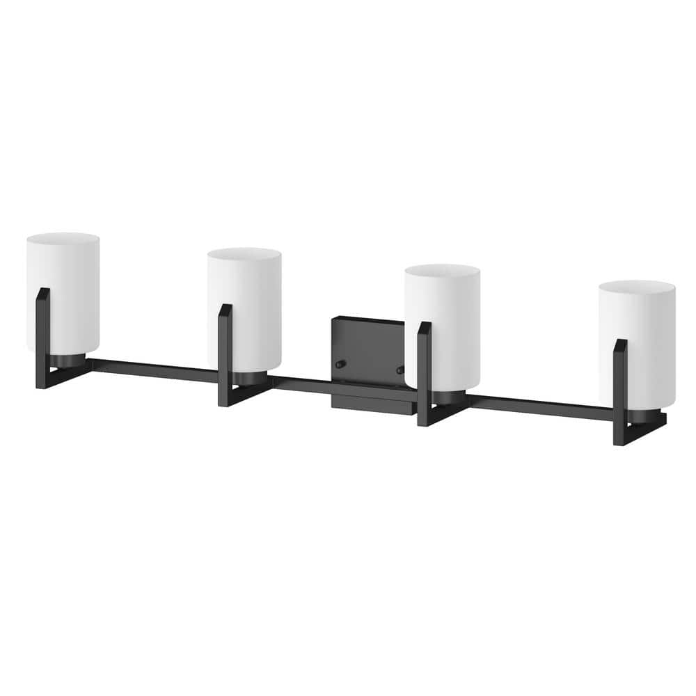 37.01 in. 4-Light Modern Bathroom Black Vanity Light Over Mirror with Milk 