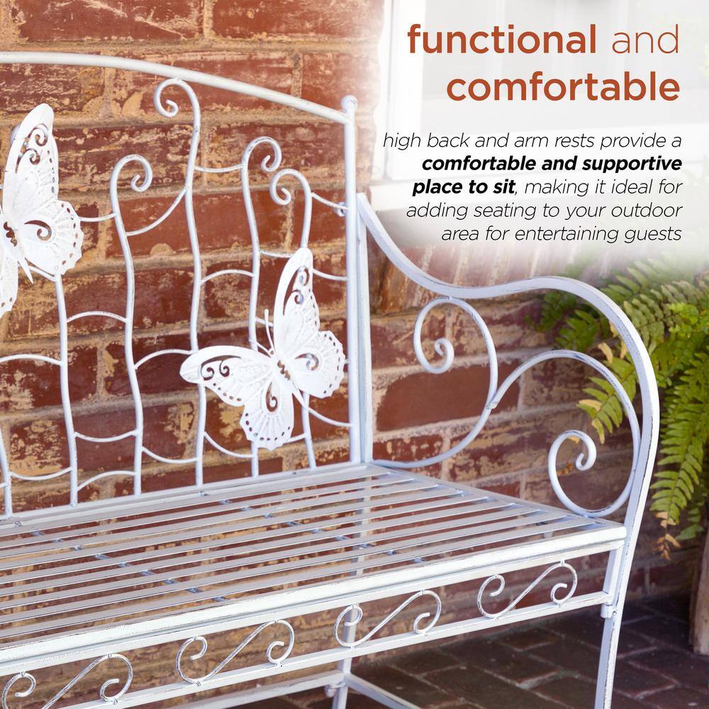 White Metal Butterfly Backrest Garden Bench, 43"