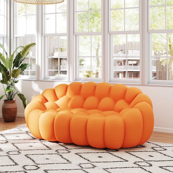 Magic Home 79 in. Bubble Couch, Orange Mesh Fabric Curved Sectional Sofa Floor Loveseat 2-Seater Floor Sofa for Meeting Room
