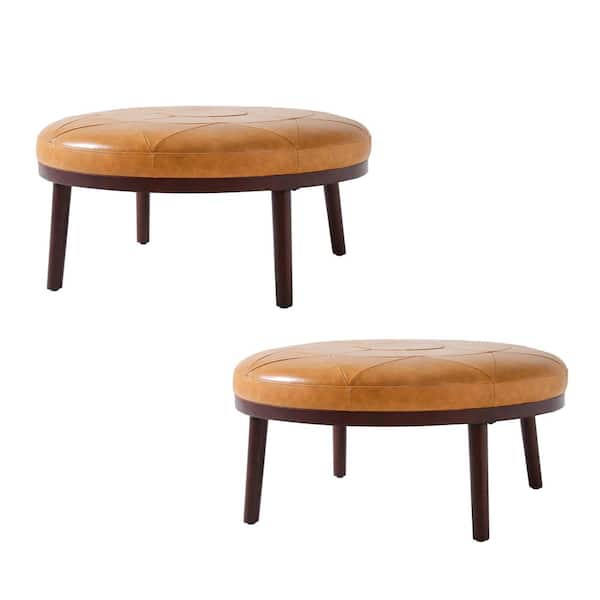 Uixe Modern Brown Leather Round Ottoman (Set of 2)