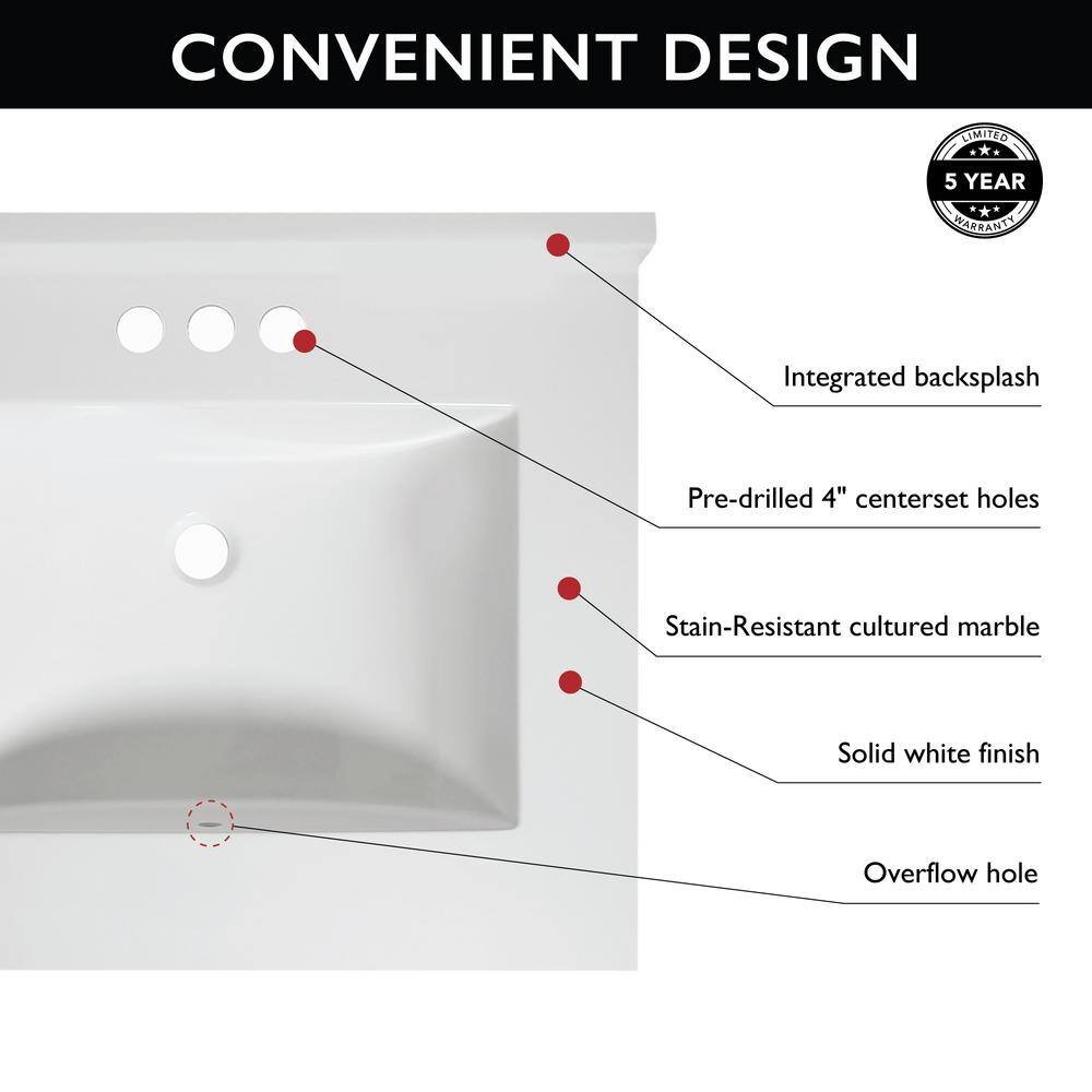 25-Inch Solid White Cultured Marble Vanity Top with Backsplash